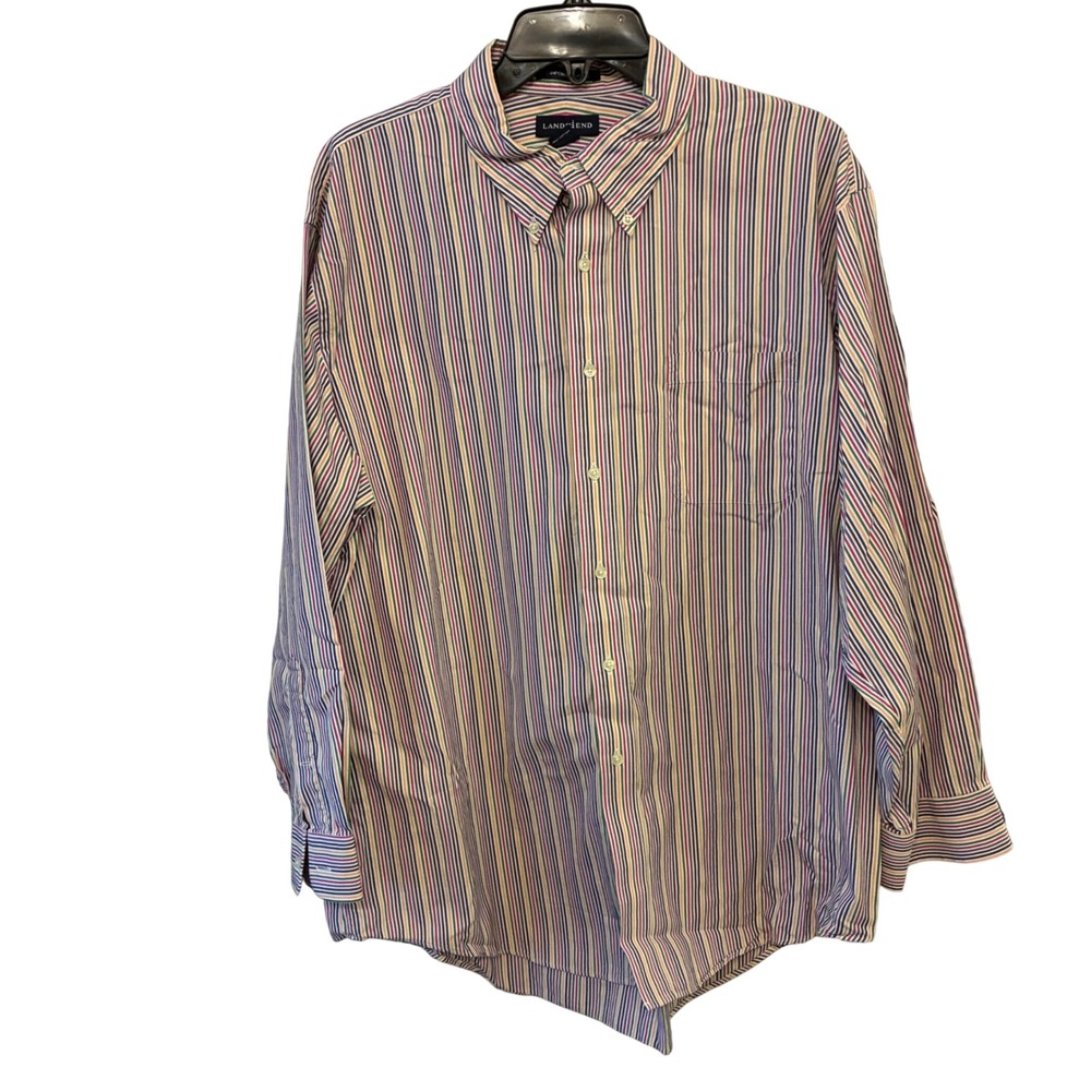 Lands End Button Down Shirt Mens 17.5 33 Multicolor Striped Pinpoint Career